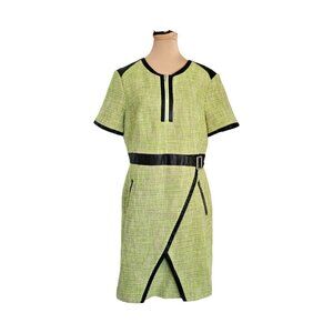 Karen Millen Light Green Tweed Like Faux Leather Detail Dress Sz 8